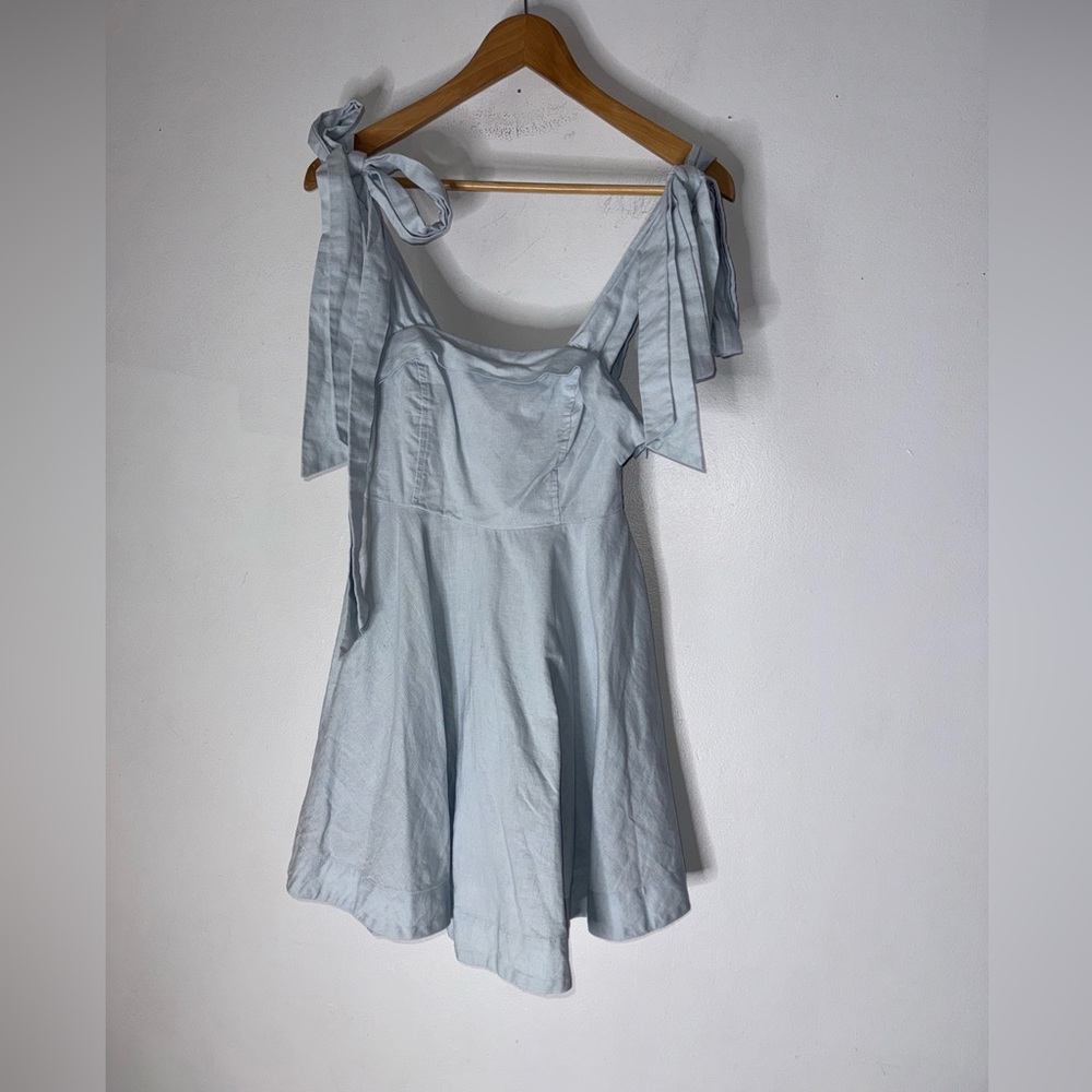 Mable Small Mini Fit N Flare Dress Tie Bow Sleeves Light Blue Linen Blend
